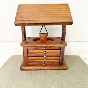 Vintage Mid-Century Hand-Crafted Wooden Cork Wishing Well Coaster Set 6 Coasters